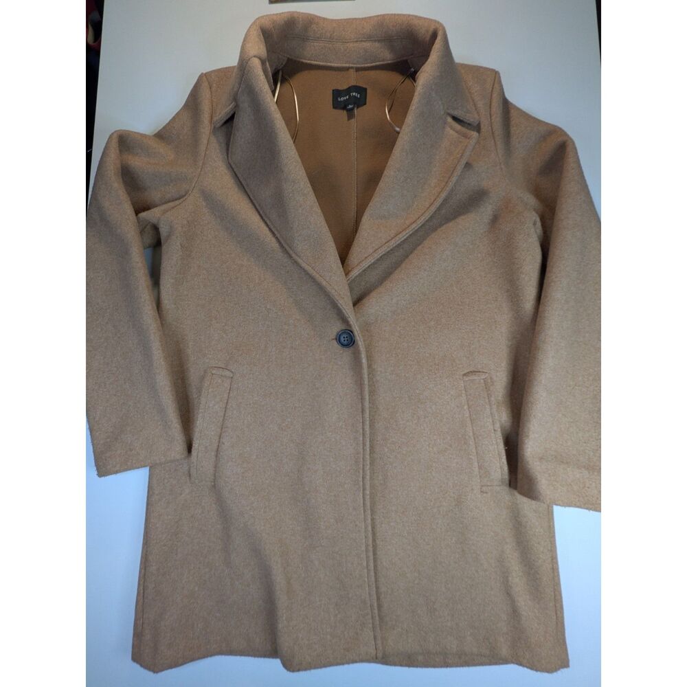 Love Tree Women’s Large Camel Tan Long Coat Single Button Notched Lapel